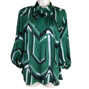 New York & Co Green Black White Graphic Print Long Sleeve Blouse Attached Scarf